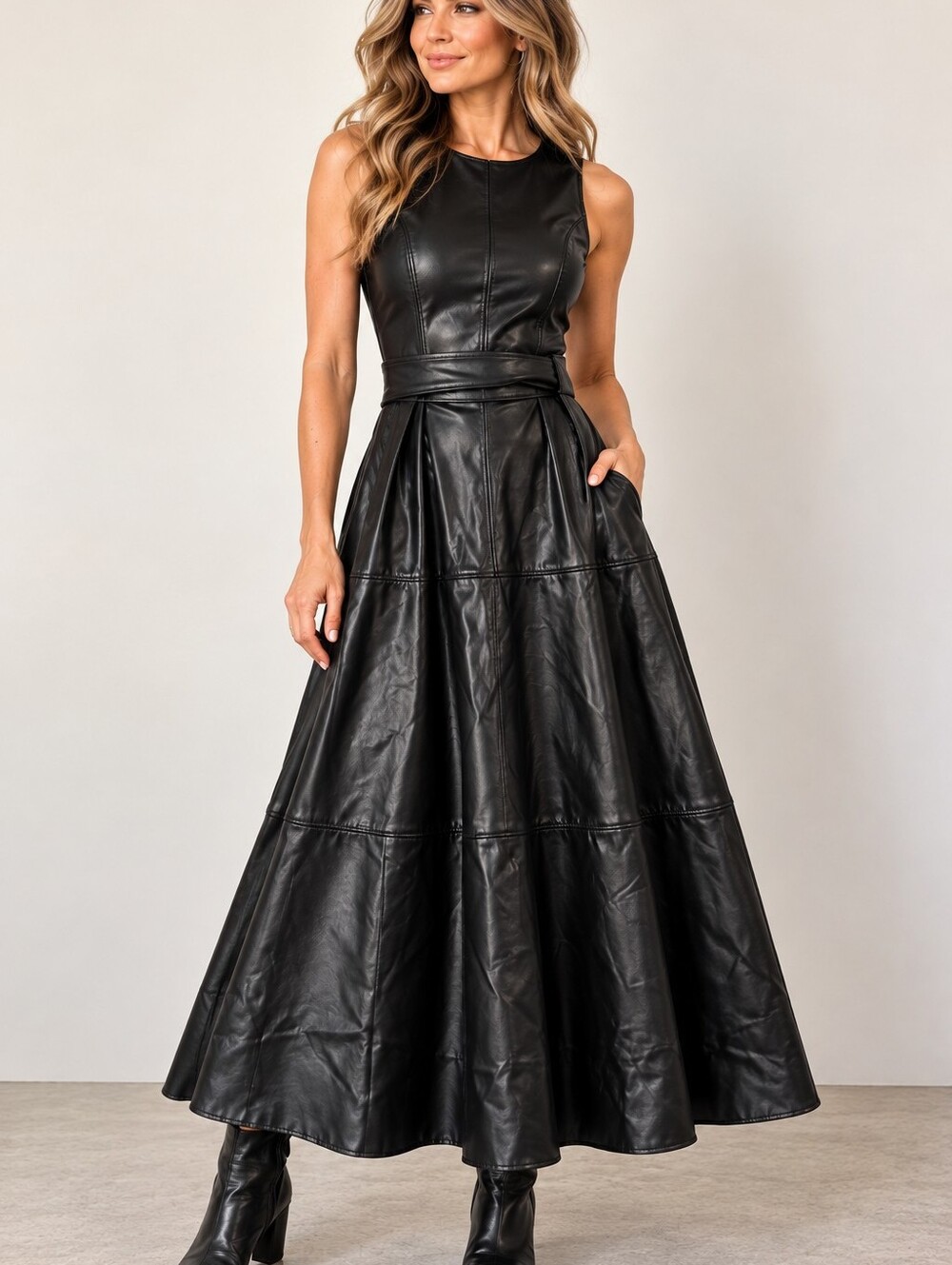 Chartou NWT black Faux Leather Fit&flair Dark Acedamia Sleeveless Midi Dress. XS